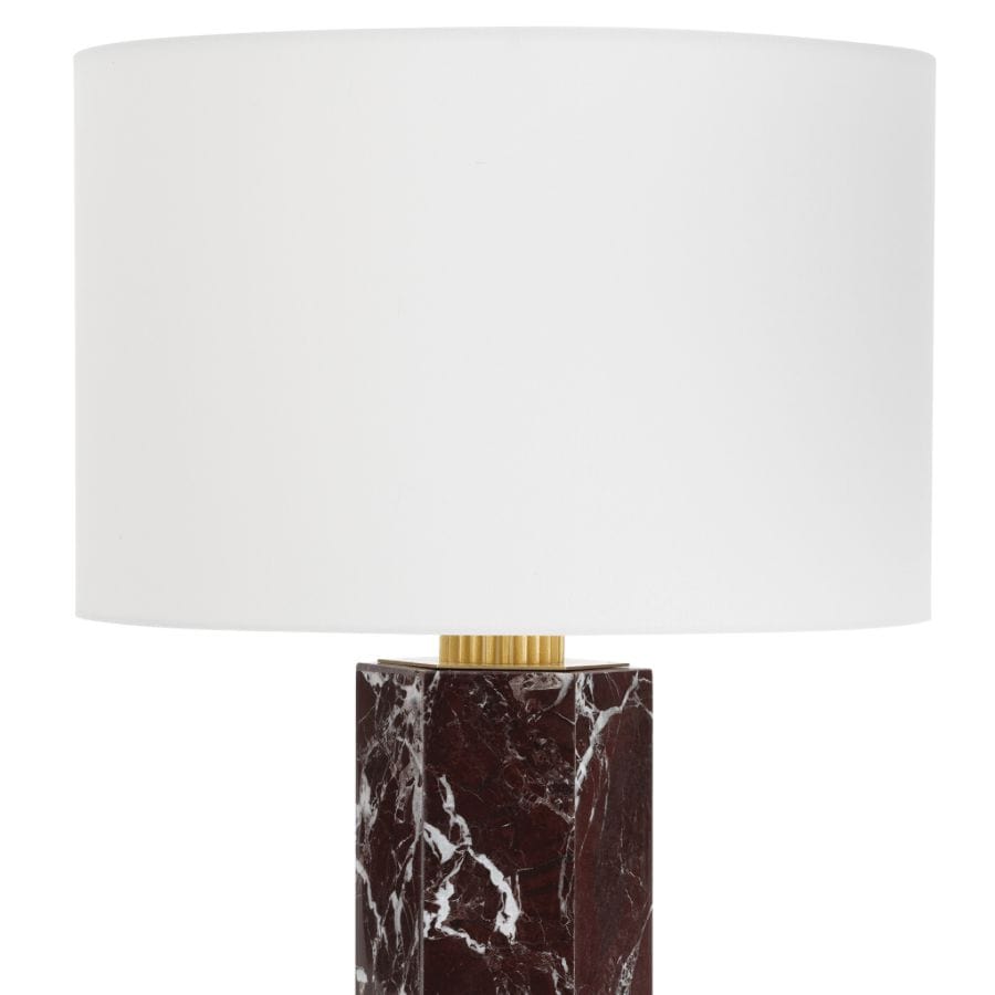 Nico Marble Table Lamp with aubergine marble base, brass accents, and a natural linen shade.