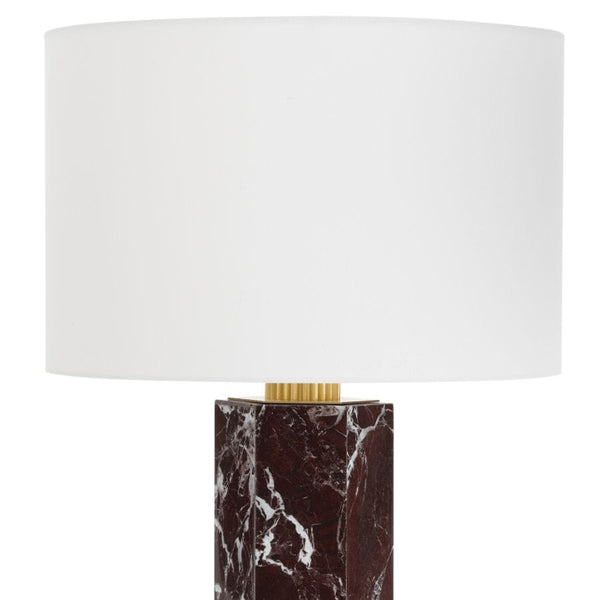 Nico Marble Table Lamp with aubergine marble base, brass accents, and a natural linen shade.