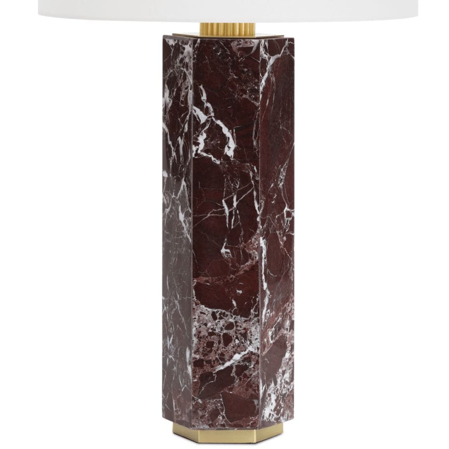 Nico Marble Table Lamp with an aubergine geometric marble base, polished brass accents, and a natural linen shade.