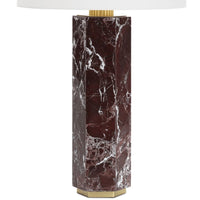 Nico Marble Table Lamp with an aubergine geometric marble base, polished brass accents, and a natural linen shade.