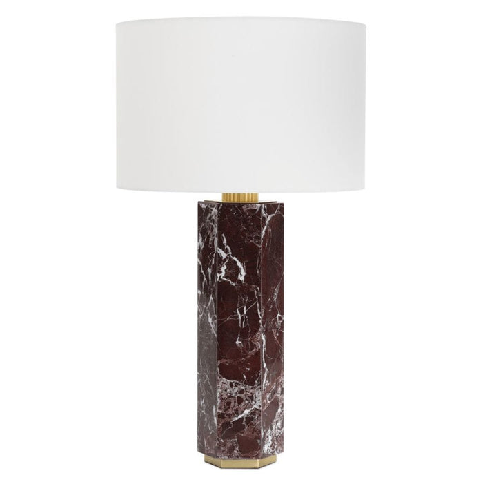 Nico Marble Table Lamp with an aubergine geometric marble base, brass accents, and a natural linen shade.
