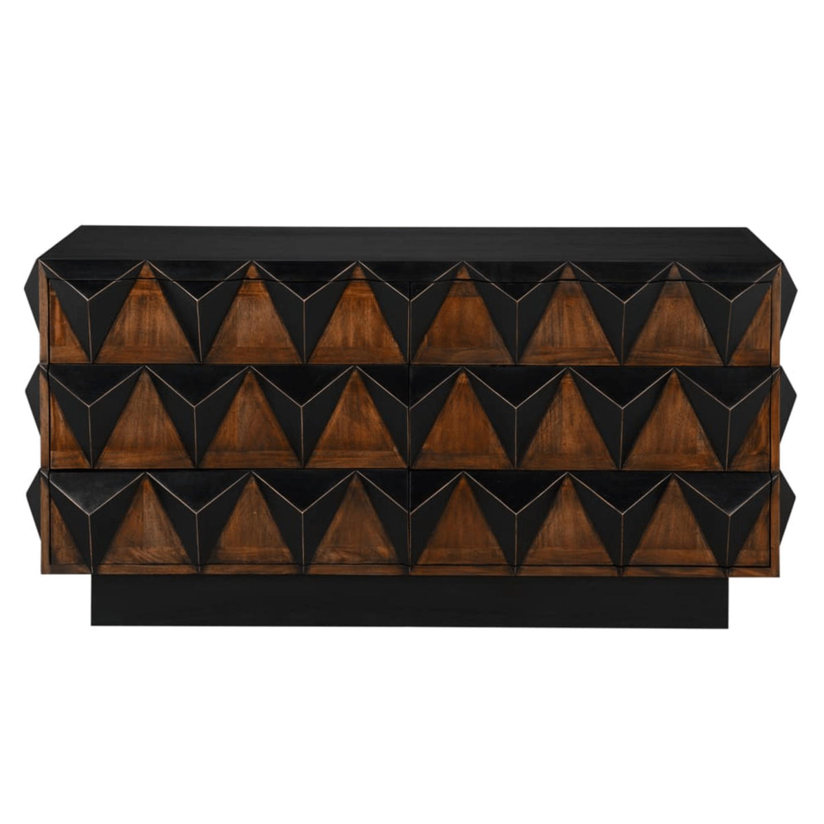 Nigel 6-drawer two-tone chest with bold black high relief studs and mahogany panels on a solid black base.