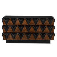 Nigel 6-drawer two-tone chest with bold black high relief studs and mahogany panels on a solid black base.