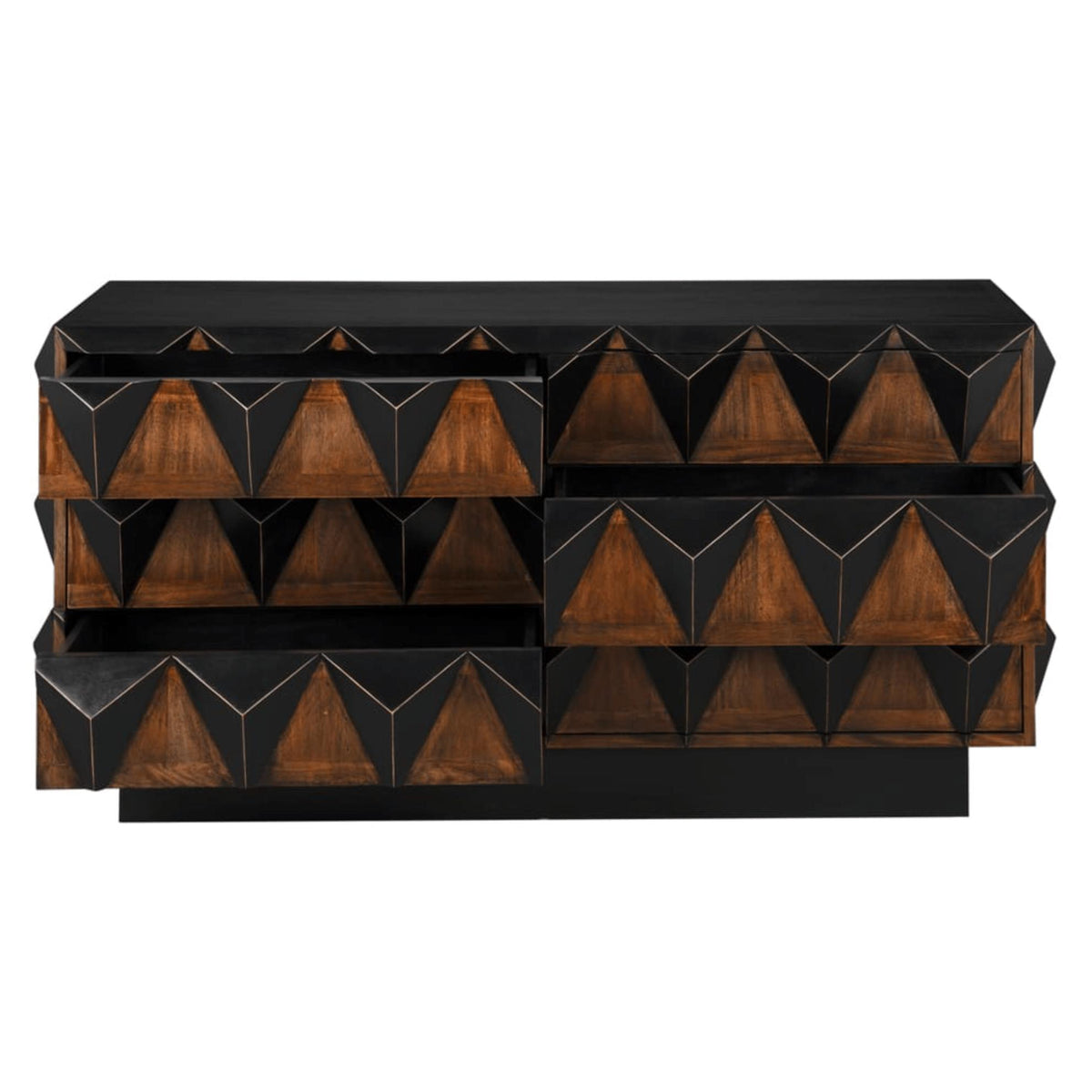 Nigel 6-drawer two-tone chest with black and mahogany panels, high relief studs, and a plinth base.