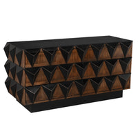 Nigel 6-drawer two-tone chest with mahogany panels, black high-relief studs, and a solid black plinth base.