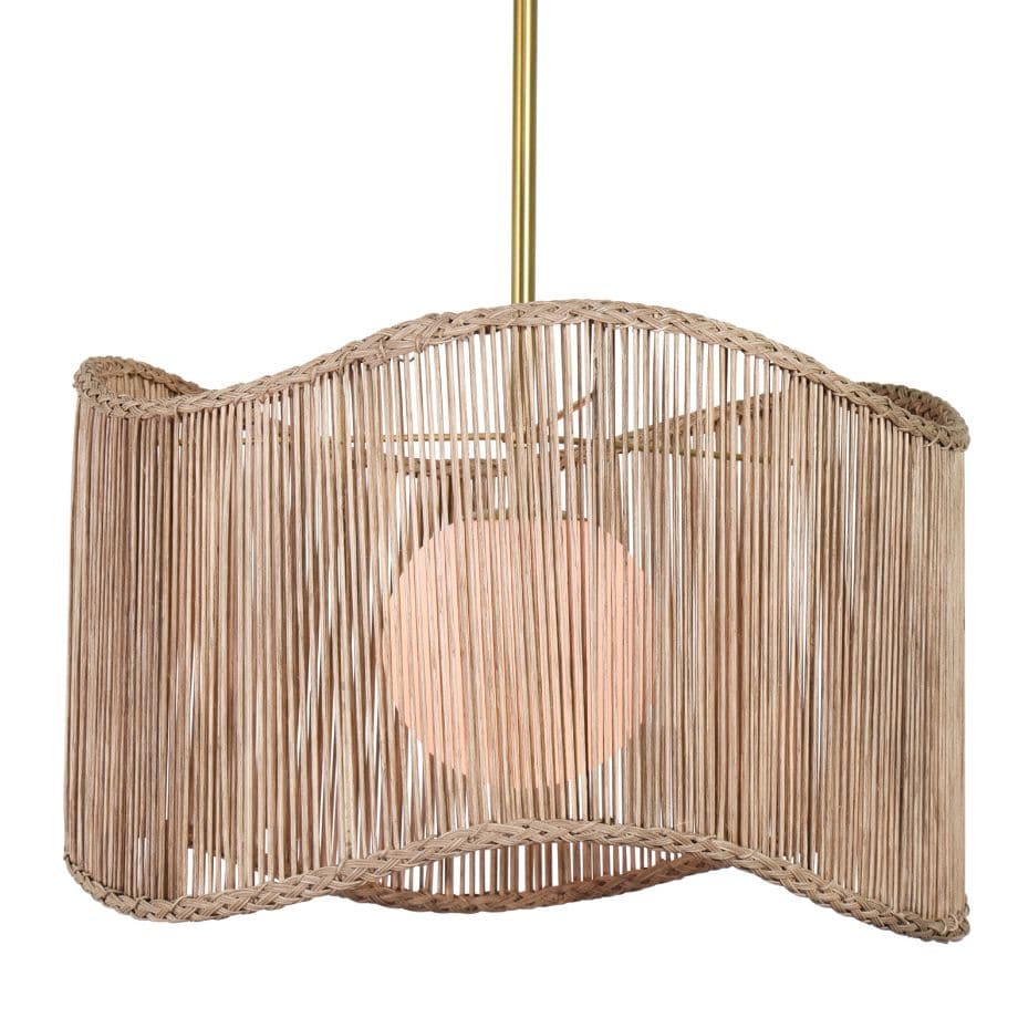 Nimes Natural Rattan Drum Pendant with wavy woven shade, white milk glass globe, and natural brass finish.
