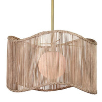 Nimes Natural Rattan Drum Pendant with wavy woven shade, white milk glass globe, and natural brass finish.