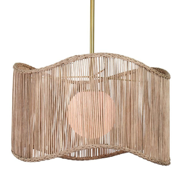 Nimes Natural Rattan Drum Pendant with wavy woven shade, white milk glass globe, and natural brass finish.