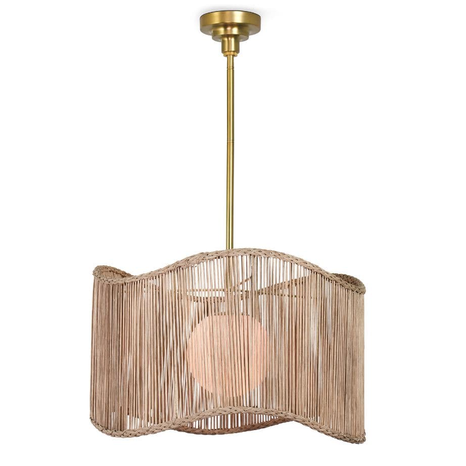 Nimes Natural Rattan Drum Pendant with a wide, wavy woven shade, white milk glass globe, and natural brass finish.