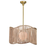 Nimes Natural Rattan Drum Pendant with a wide, wavy woven shade, white milk glass globe, and natural brass finish.