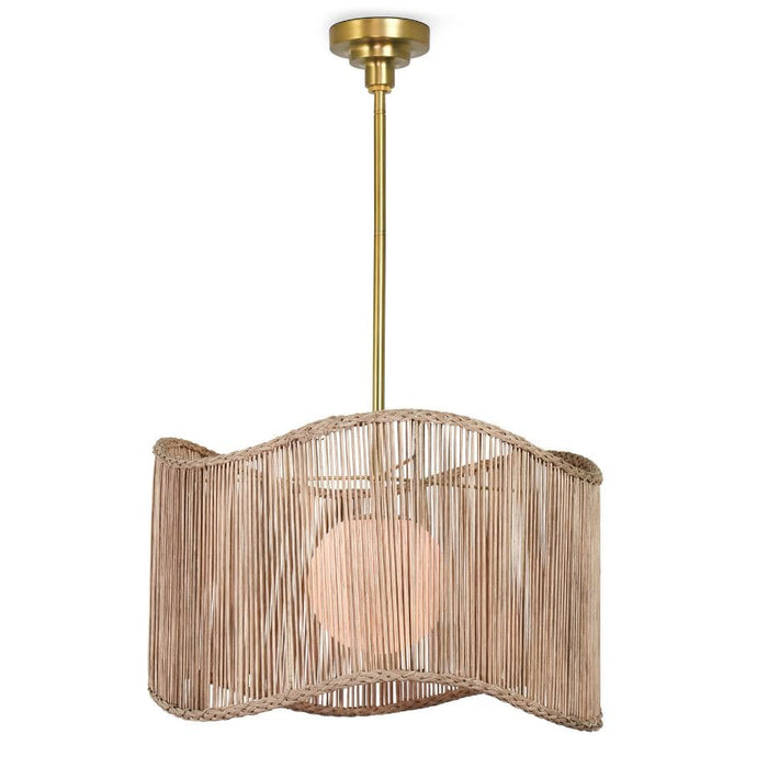 Nimes Natural Rattan Drum Pendant with a wide, wavy woven shade, white milk glass globe, and natural brass finish.