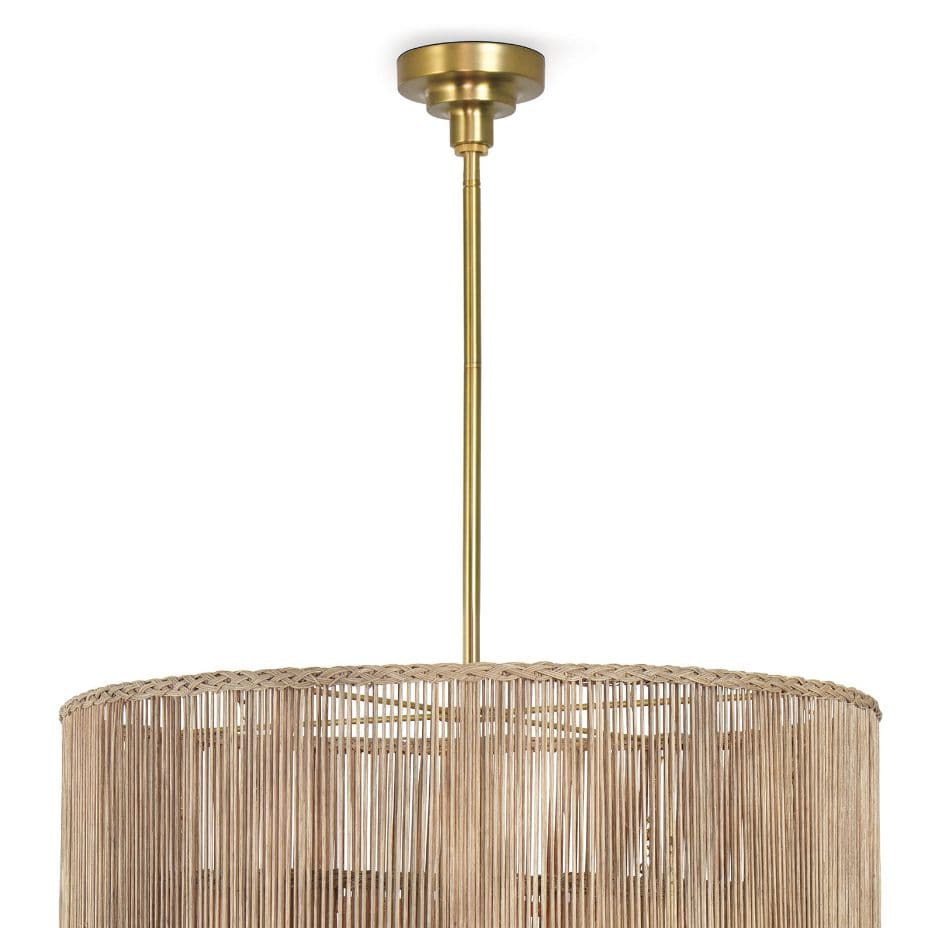 Nimes Rattan Chandelier with three tiered woven drum shades and a natural brass finish.