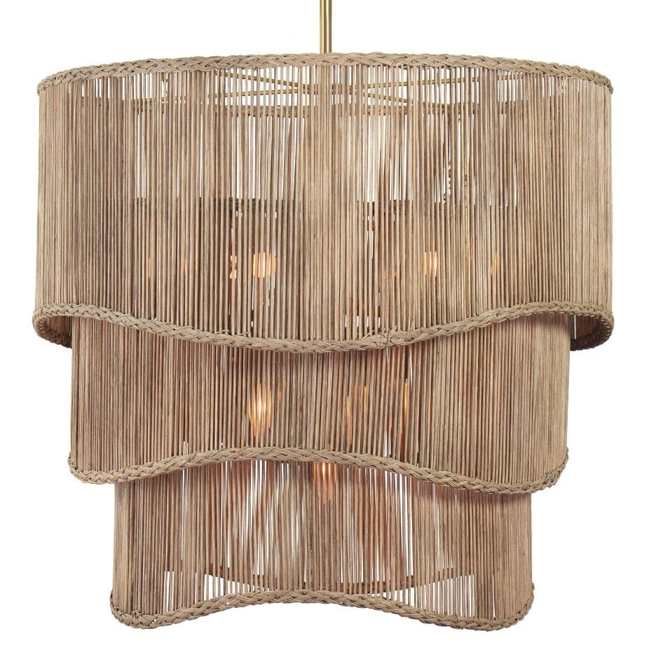 Large Nimes Rattan Chandelier with three tiered woven drum shades and braided edges, natural brass finish.