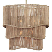 Large Nimes Rattan Chandelier with three tiered woven drum shades and braided edges, natural brass finish.