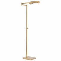 Noble natural brass floor task lamp with pivoting joints, rectangular base, and built-in dimmer.