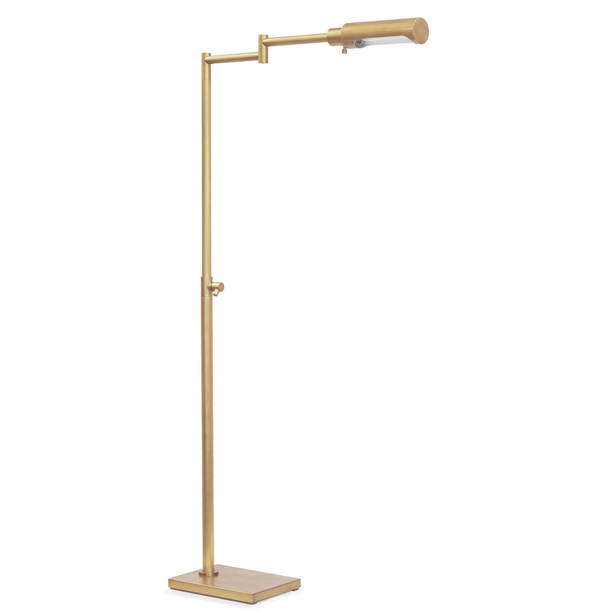 Noble natural brass floor lamp with pivoting joints and rectangular base.