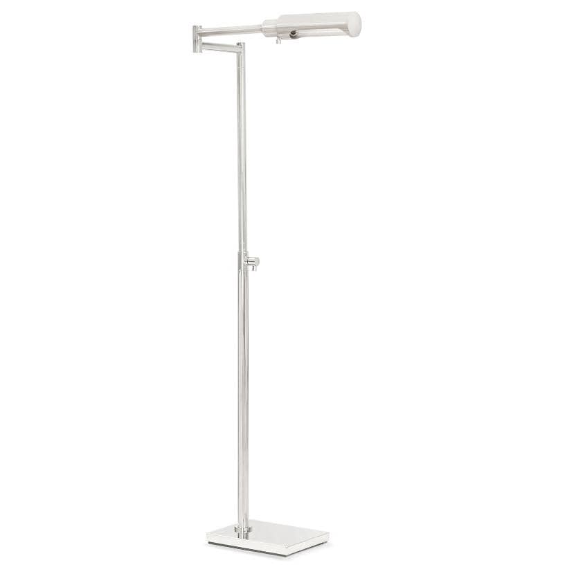 Noble Floor Task Reading Lamp in polished nickel with multiple pivoting joints and a rectangular base.