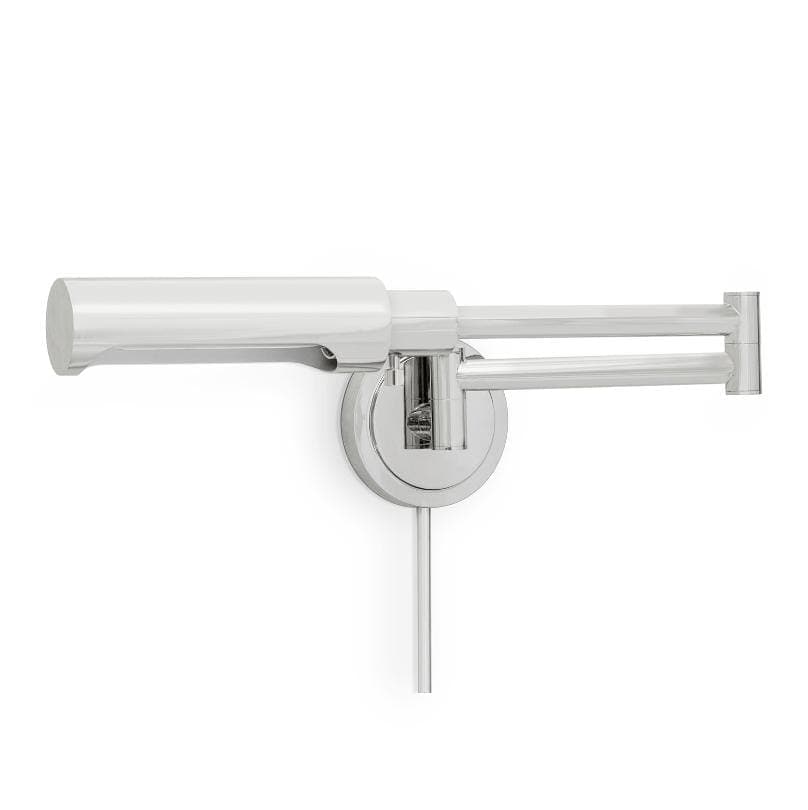 Noble Swing Arm Polished Nickel Sconce with adjustable metal shade and pivoting joints.
