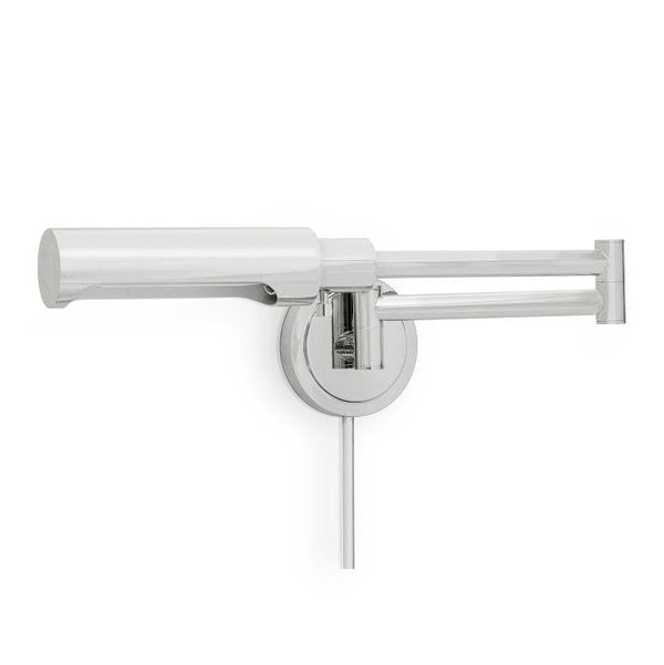 Noble Swing Arm Polished Nickel Sconce with adjustable metal shade and pivoting joints.