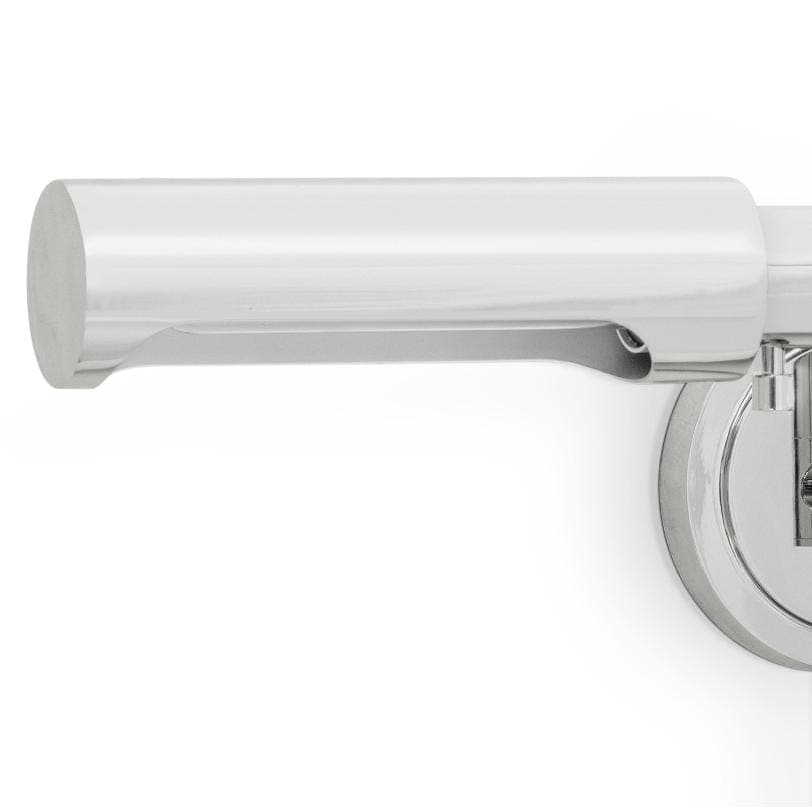 Noble Swing Arm Polished Nickel Sconce with a cylindrical metal shade and pivoting joints.