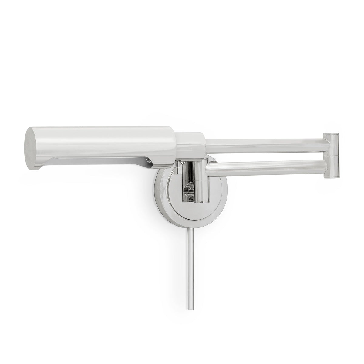 Noble Swing Arm Polished Nickel Sconce, a modern metal wall lamp with multiple pivoting joints and dimmer.