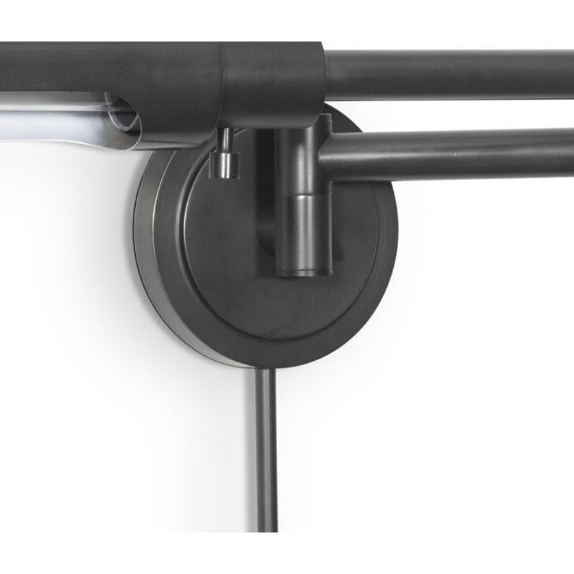 Oil rubbed bronze Noble swing arm task sconce with pivoting joints and exposed bulb.