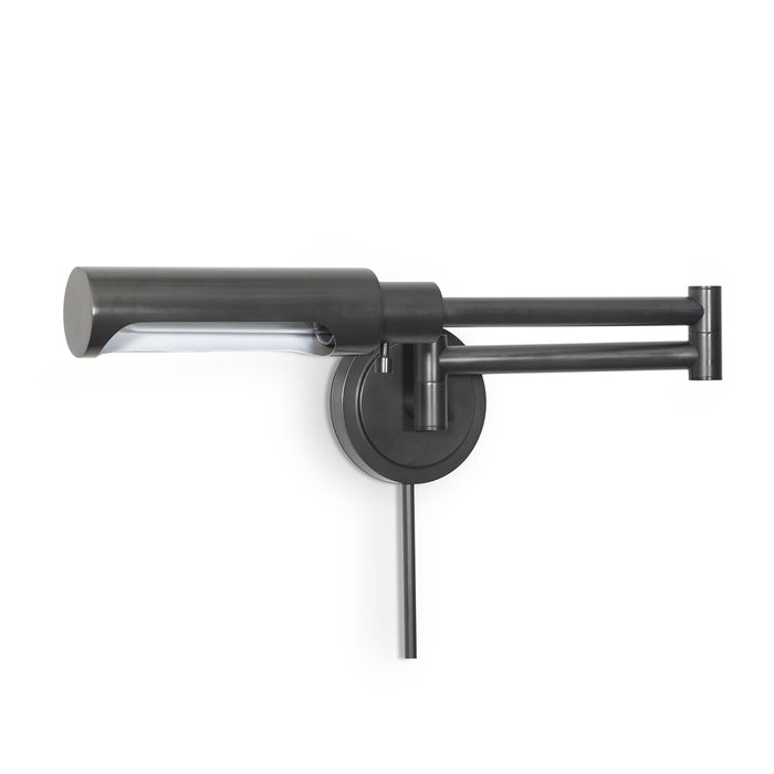 Noble Swing Arm Task Sconce in oil rubbed bronze, featuring multiple pivoting joints and a metal shade.