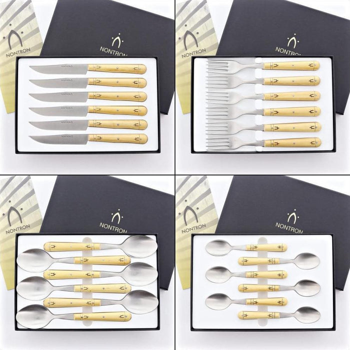 Nontron Steak Knives & Flatware Sets Burned Boxwood - Knife Handle Detail | Bone & Brass