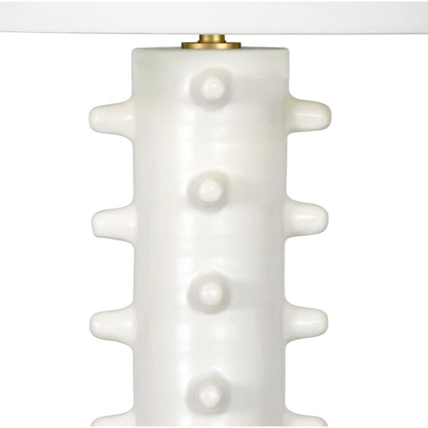 Modern Norway White Ceramic Table Lamp with hand-applied spikes, natural linen shade, and brass accents.
