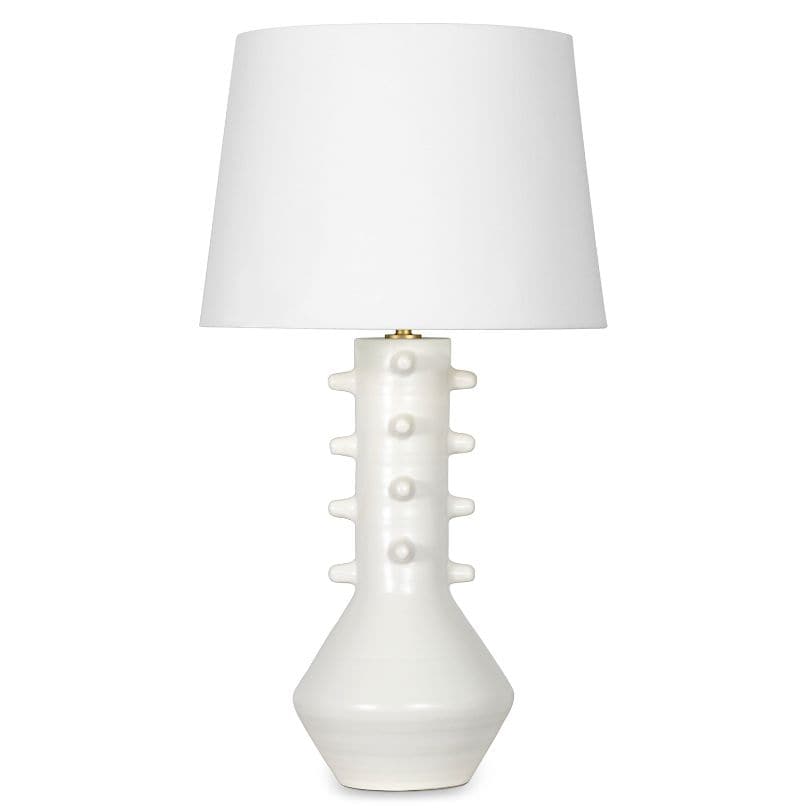 Norway White Ceramic Table Lamp with hourglass base, modern spikes, natural linen shade, and brass accents.