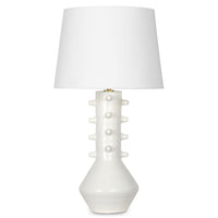 Norway White Ceramic Table Lamp with hourglass base, modern spikes, natural linen shade, and brass accents.