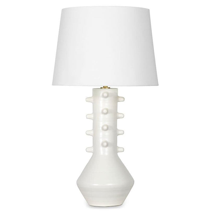 Norway White Ceramic Table Lamp with hourglass base, modern spikes, natural linen shade, and brass accents.
