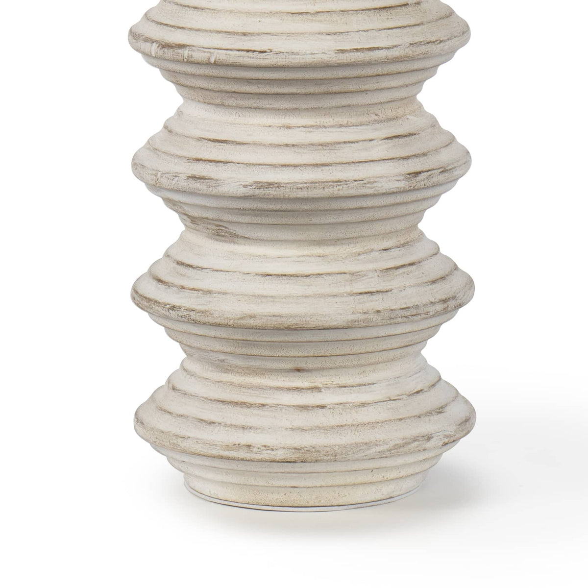 Nova Wood Table Lamp base, white-washed distressed wood with carved ridge detailing.