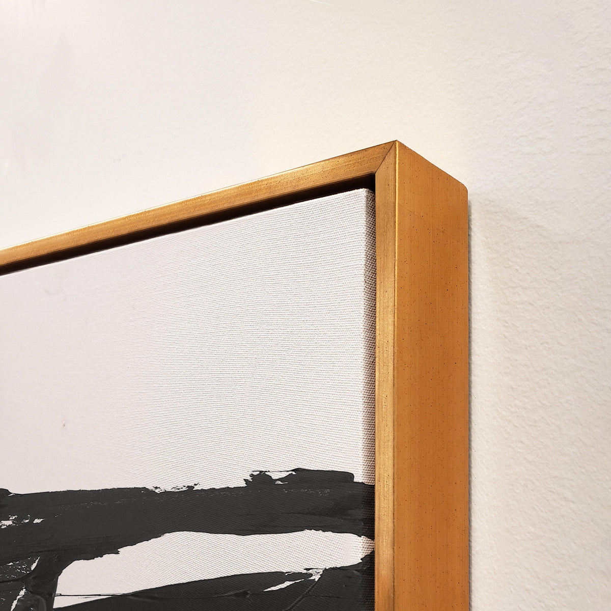 Obsidian III giclee canvas painting with black abstract brushstrokes, hand-embellished texture, and a gold frame.