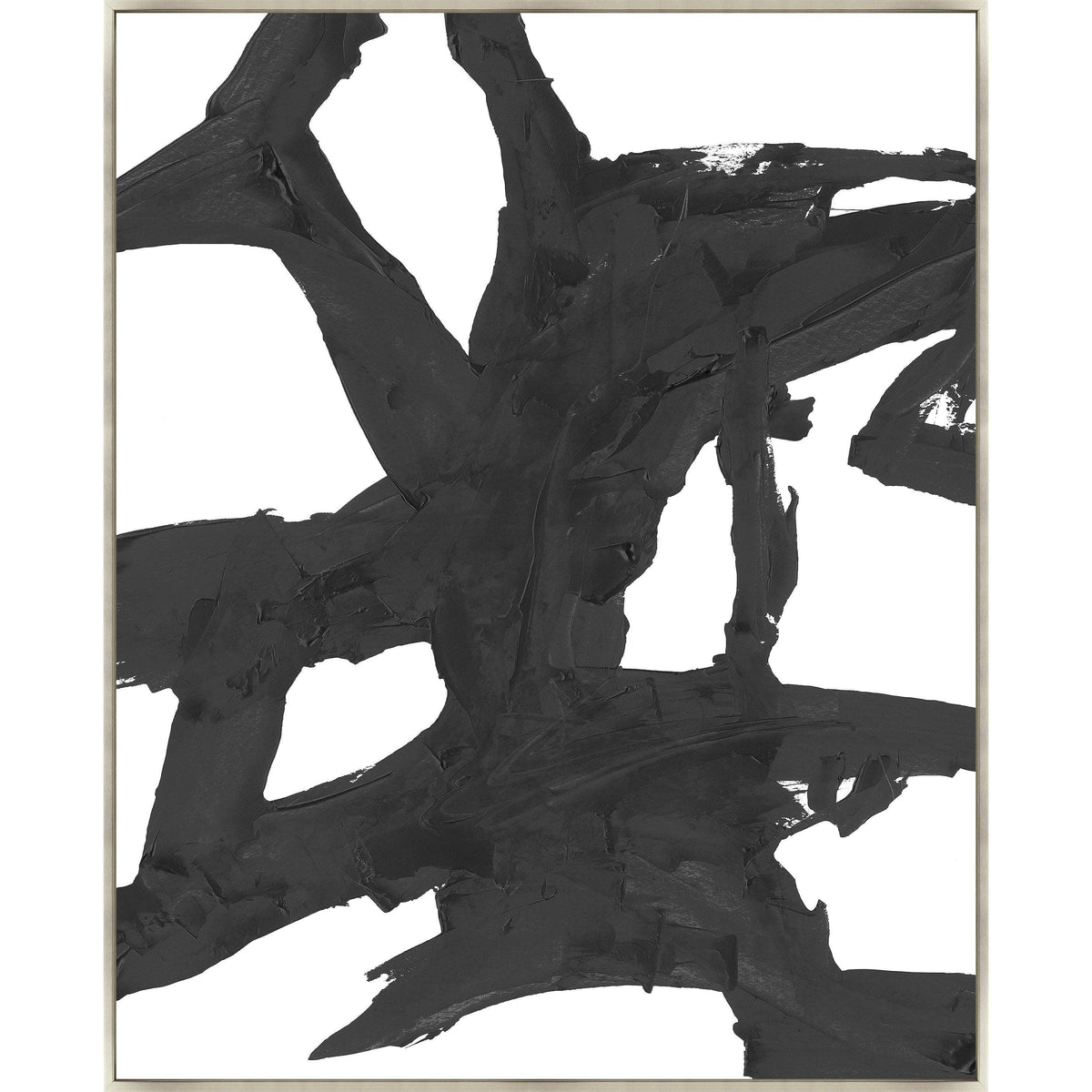 Abstract Obsidian III giclee canvas painting with bold black brushstrokes on a white background, framed.