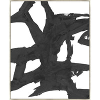 Abstract Obsidian III giclee canvas painting with bold black brushstrokes on a white background, framed.