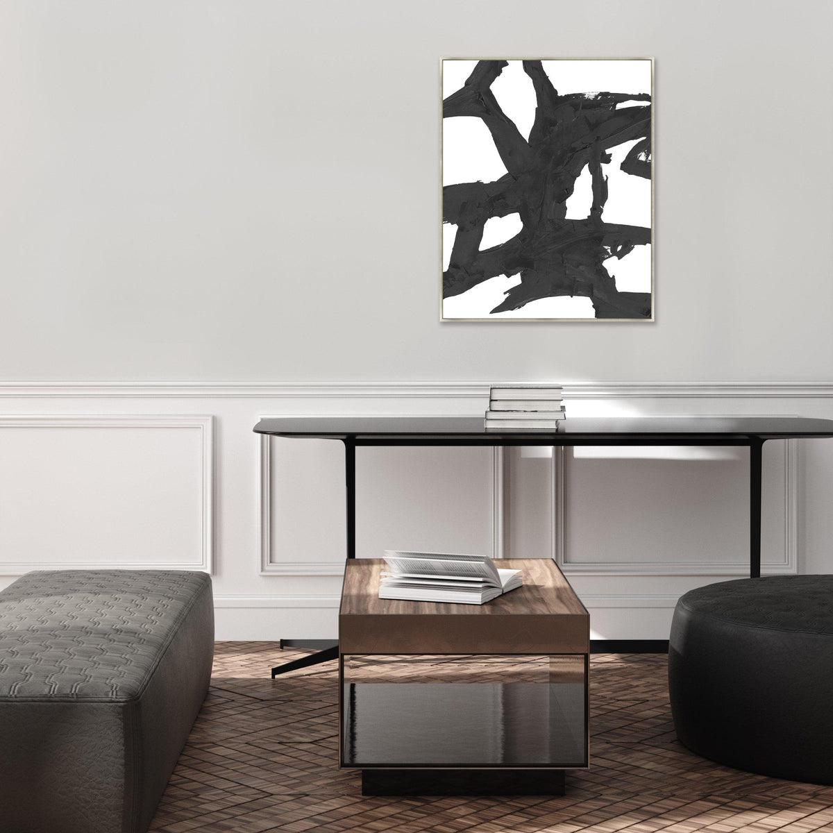Obsidian III Giclee Canvas Painting: Abstract black and white artwork with hand embellishment texture in a gold frame.