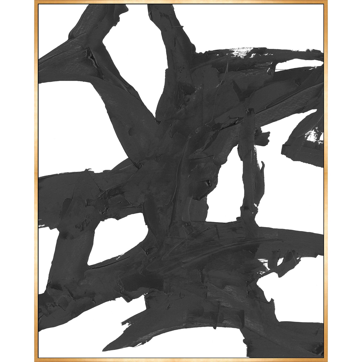 Abstract Obsidian III giclee canvas painting with thick black brushstrokes on white, framed in natural wood.