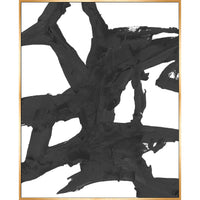 Abstract Obsidian III giclee canvas painting with thick black brushstrokes on white, framed in natural wood.