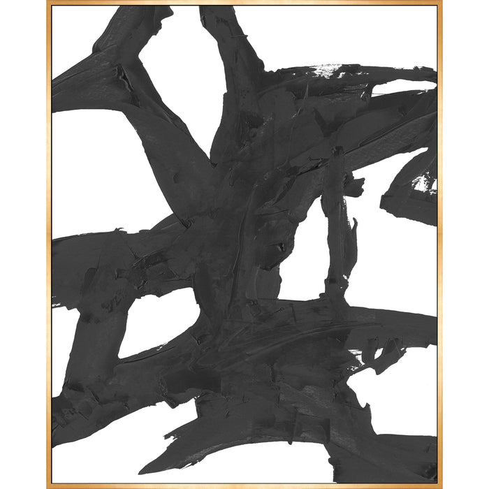Abstract Obsidian III giclee canvas painting with thick black brushstrokes on white, framed in natural wood.