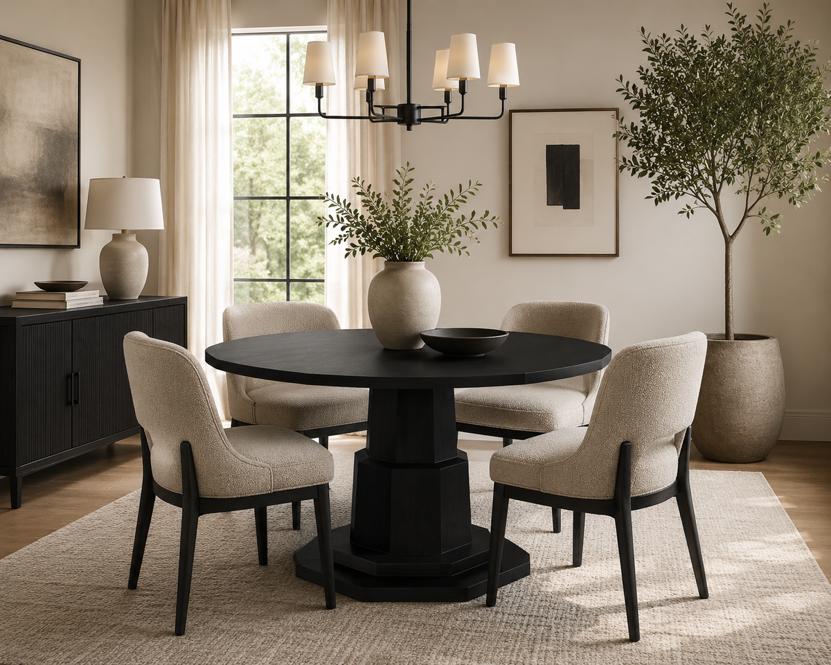 Dining room with a round black table and beige chairs, featuring a chandelier and large windows.