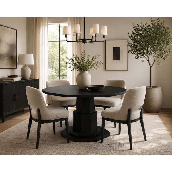 Dining room with a round black table and beige chairs, featuring a chandelier and large windows.