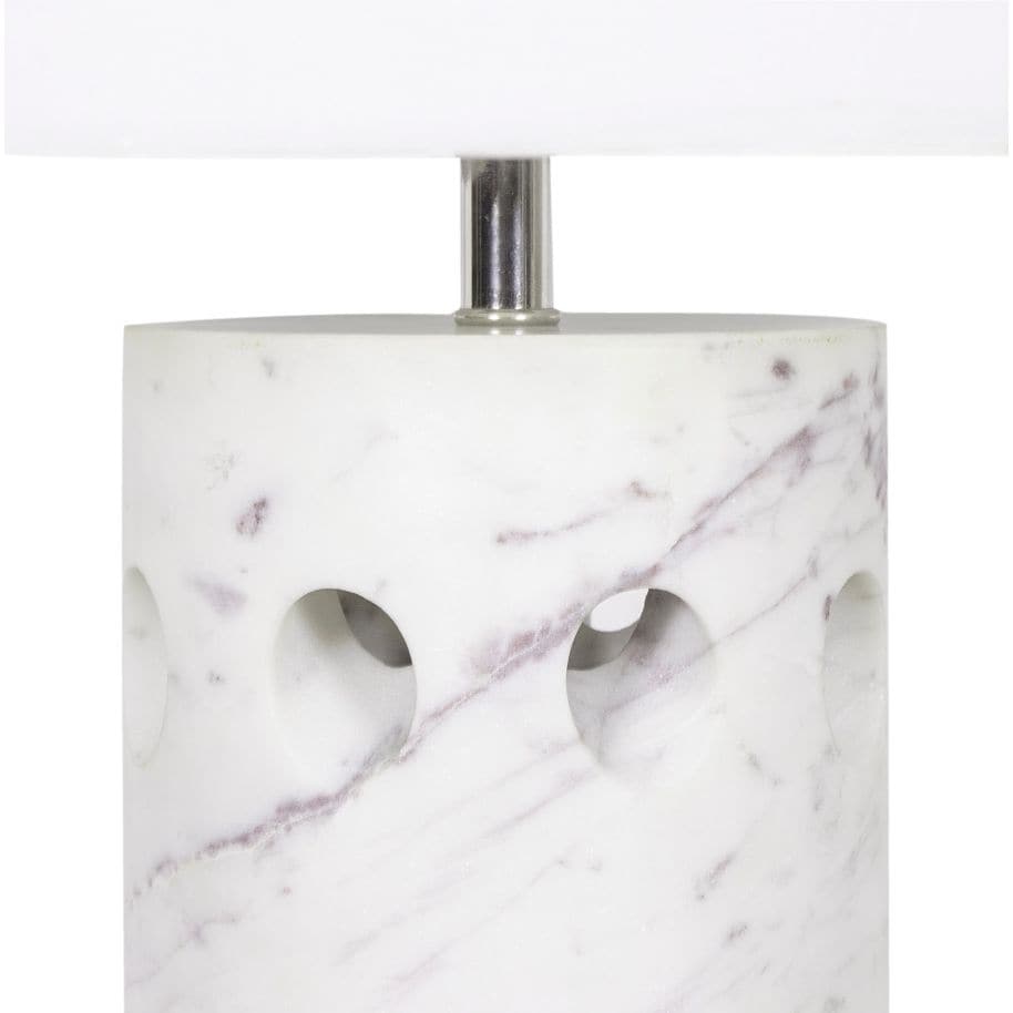 Odin White Marble Table Lamp with purple veining, modern design, angled apertures, and white linen shade.