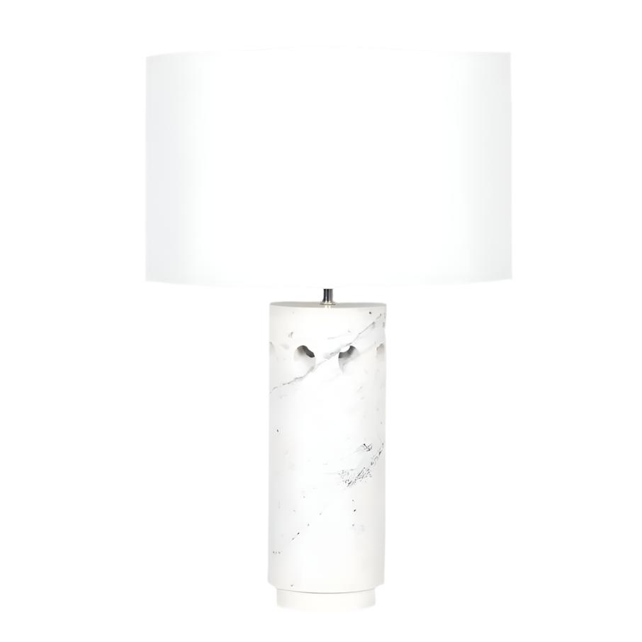Odin modern white marble table lamp with purple veining, angled apertures, and a white linen shade.