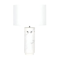 Odin modern white marble table lamp with purple veining, angled apertures, and a white linen shade.