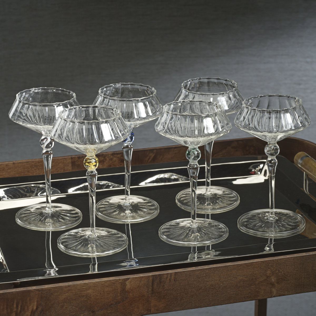Odum Sea Green Fluted Coupe Glasses, Set of 4 - Glass Stem Detail | Bone & Brass