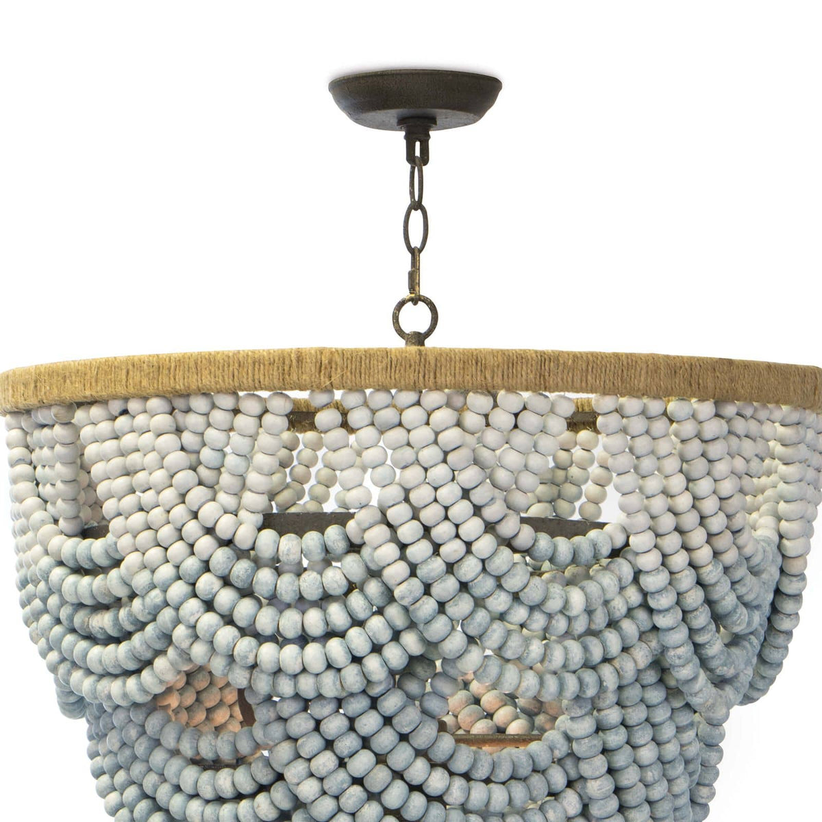 Ombre wood bead chandelier with blue gradient layers, jute-wrapped frame, and antique bronze chain.