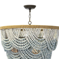 Ombre wood bead chandelier with blue gradient layers, jute-wrapped frame, and antique bronze chain.