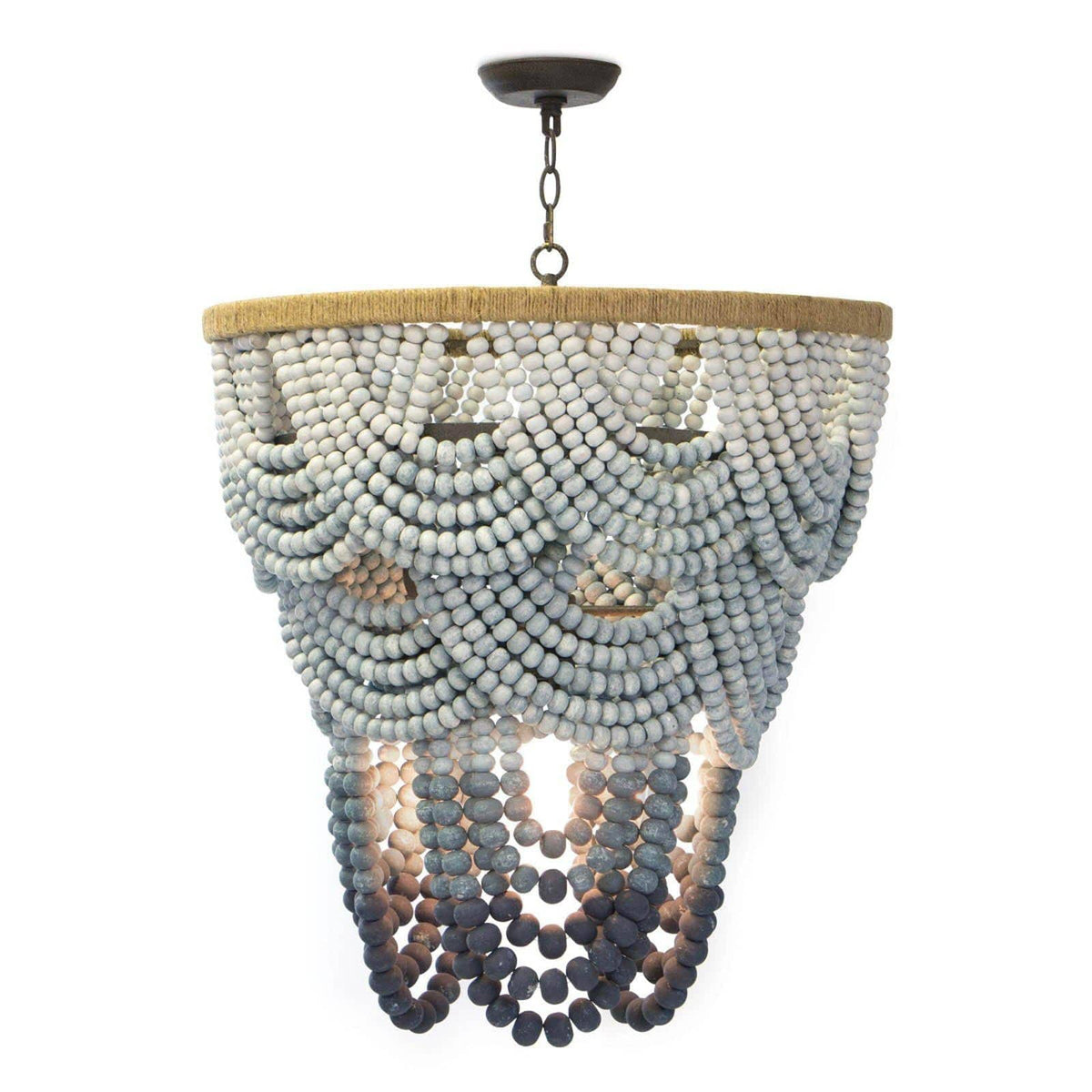 Ombre wood bead chandelier with blue gradient layers, jute-wrapped frame, 32" high.
