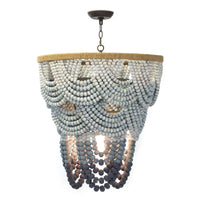 Ombre wood bead chandelier with blue gradient layers, jute-wrapped frame, 32" high.